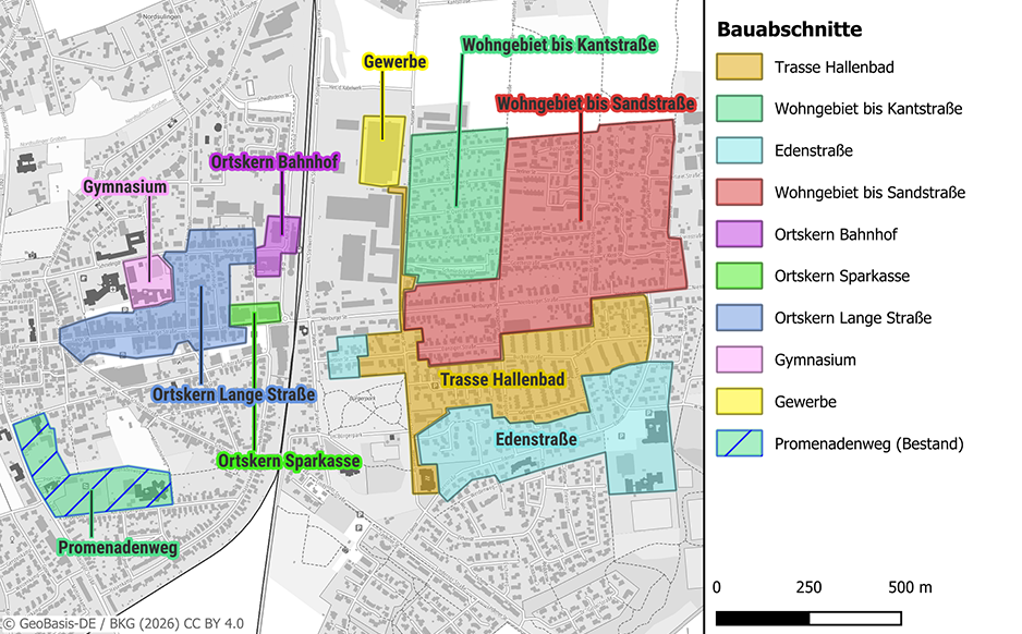 Die Bauabschnitte farblich markiert für das Fernwärmenetz