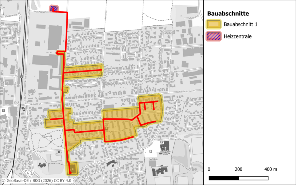 Eine Karte der Stadt Sulingen, die die Fernwärmenutzung und die Bauabschnitte darstellt